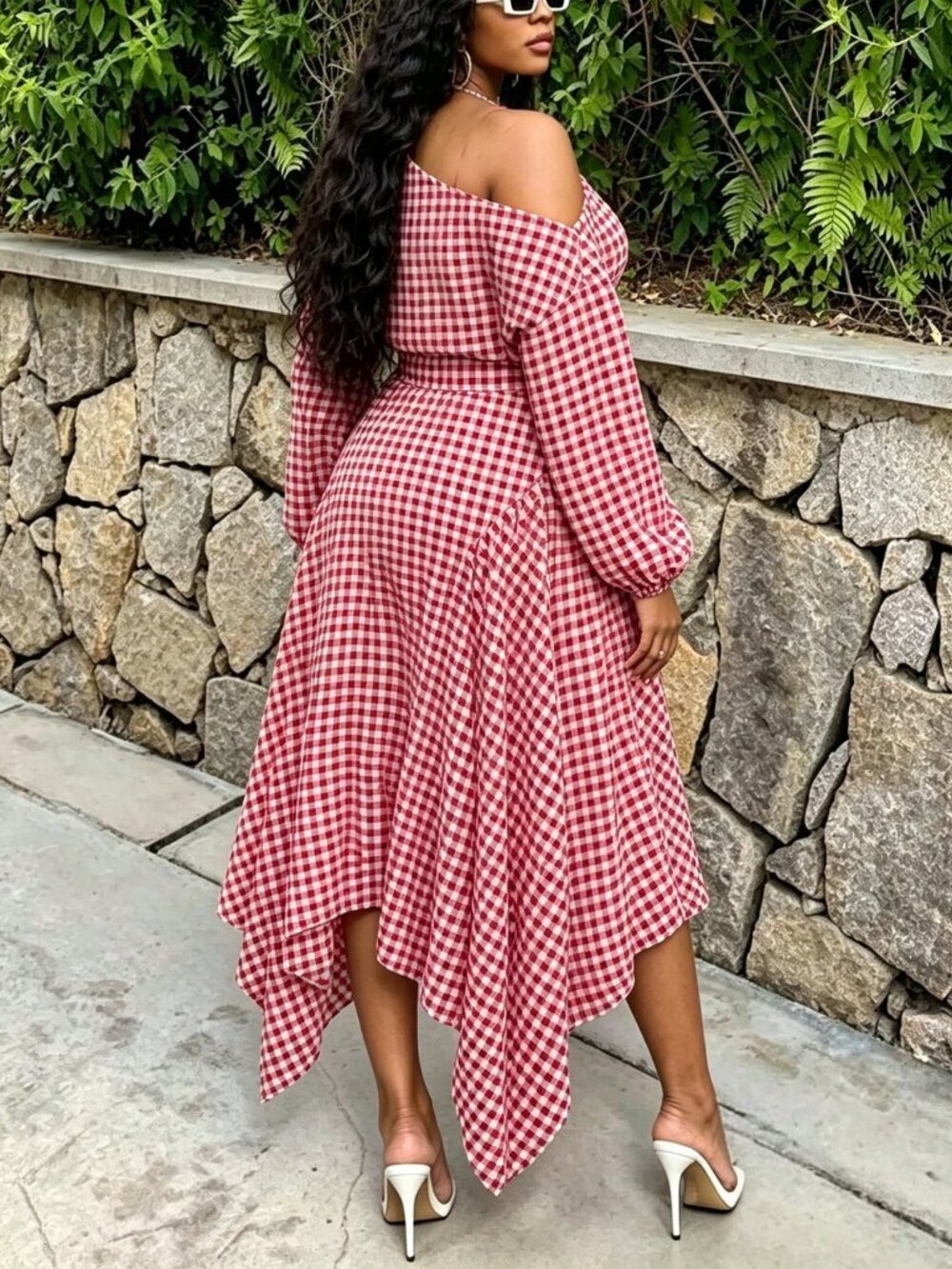 Multicolor Casual Women's Plus Size Plaid Asymmetrical Collar Dress - Picture 2 of 5